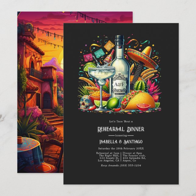 Bold Fiesta "Let's Taco 'Bout a Rehearsal Dinner" Invitation (Front/Back)