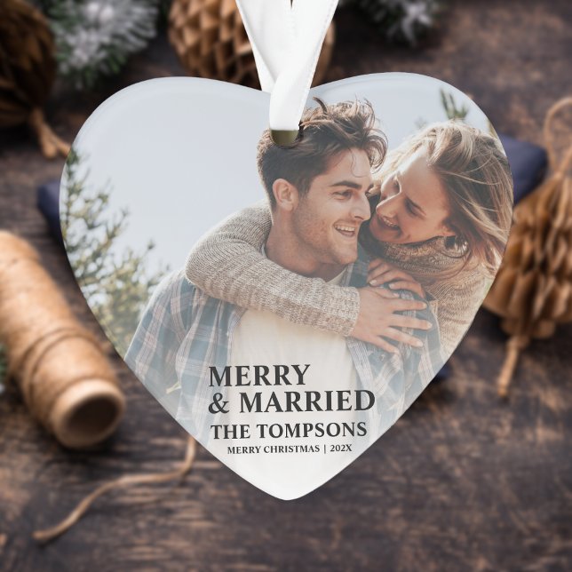 Bold First Christmas Married Photo Ornament (Creator Uploaded)