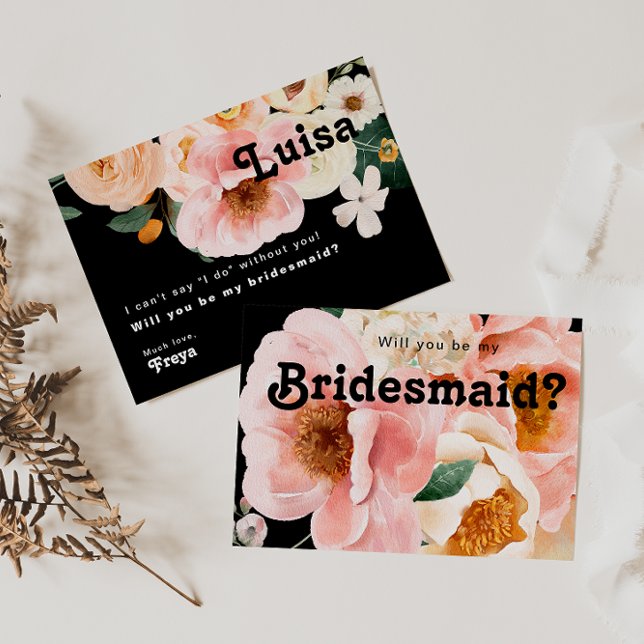 Bold Floral Black Bridesmaid Proposal Card (Creator Uploaded)