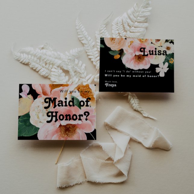 Bold Floral | Black Maid of Honour Proposal Card (Creator Uploaded)