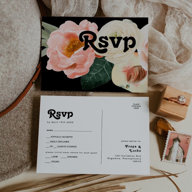 Bold Floral | Black Menu Choice RSVP Postcard (Creator Uploaded)