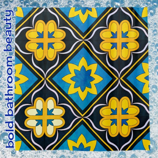 Bold Floral Blue Black Golden Yellow Tile Pattern Shower Curtain (Creator Uploaded)