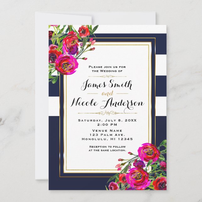Bold Floral Blue & Gold Elegant Modern Wedding Invitation (Front)