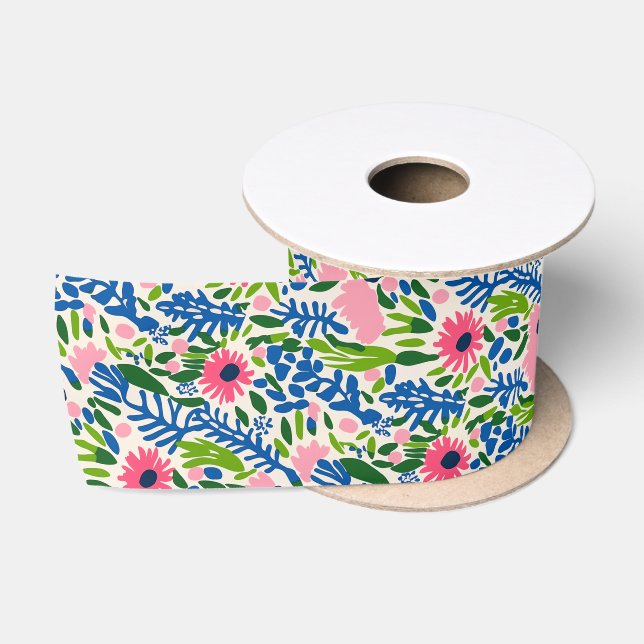 Bold Floral Blue Pink Green Maximalist Pattern  Satin Ribbon (Spool)