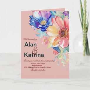Bold Floral Blush Coral Pink Folded Wedding Invitation