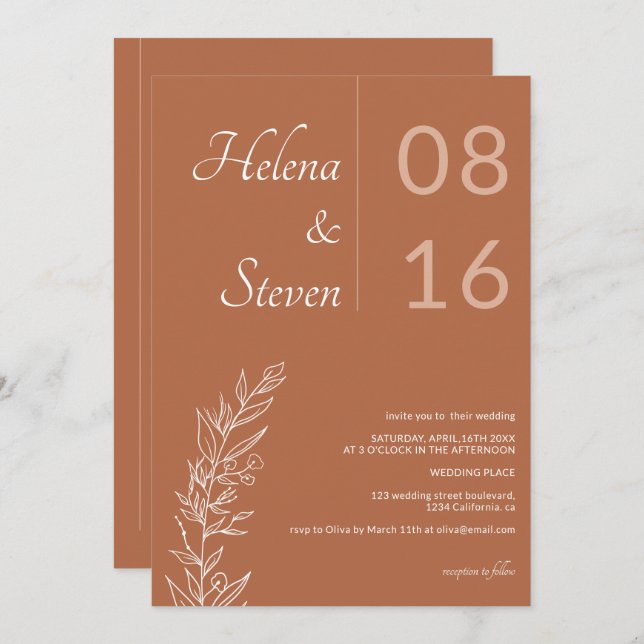 Bold floral boho names chic terracotta wedding invitation (Front/Back)