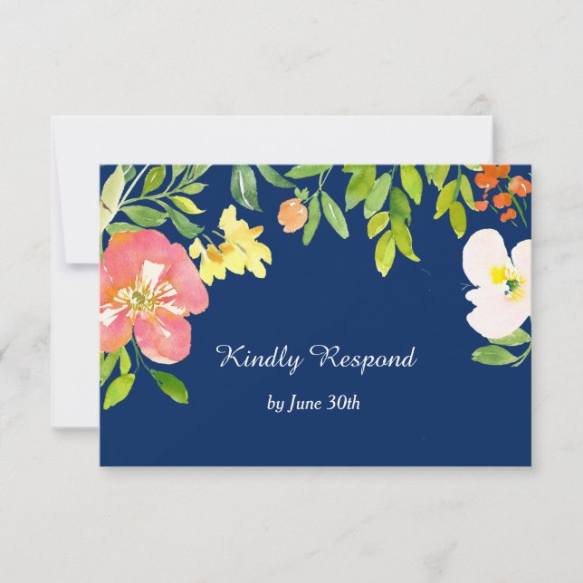Bold Floral Border Navy Blue Wedding RSVP (Front)