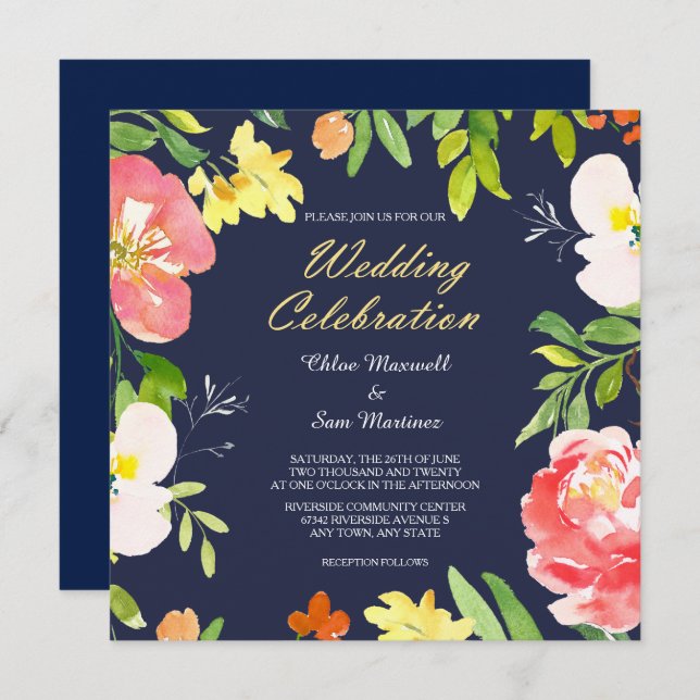Bold Floral Border on Navy Blue Wedding Invitation (Front/Back)