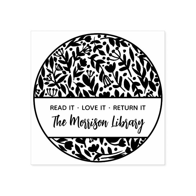 Bold Floral Botanical Round Library Name Bookplate Rubber Stamp (Imprint)