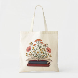 Bold Floral Bouquet Sprouting from Open Books Tote Bag