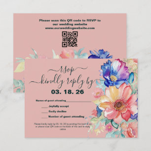 Bold Floral Coral Blush Pink Wedding RSVP Card