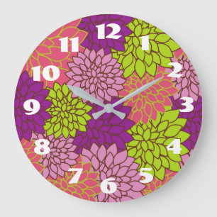 Bold Floral Design in Lime Green, Pink, Purple Large Clock