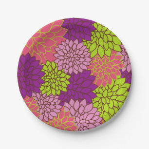 Bold Floral Design in Lime Green, Pink, Purple Paper Plate