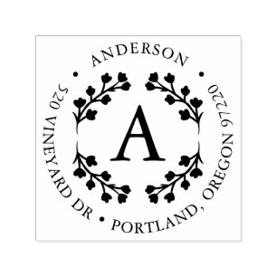 Bold Floral Foliage Wreath Monogram Return Address Self-inking Stamp
