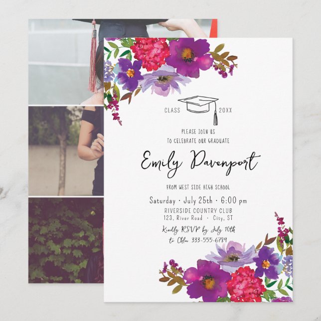 Bold floral graduation 3 photos invitation (Front/Back)