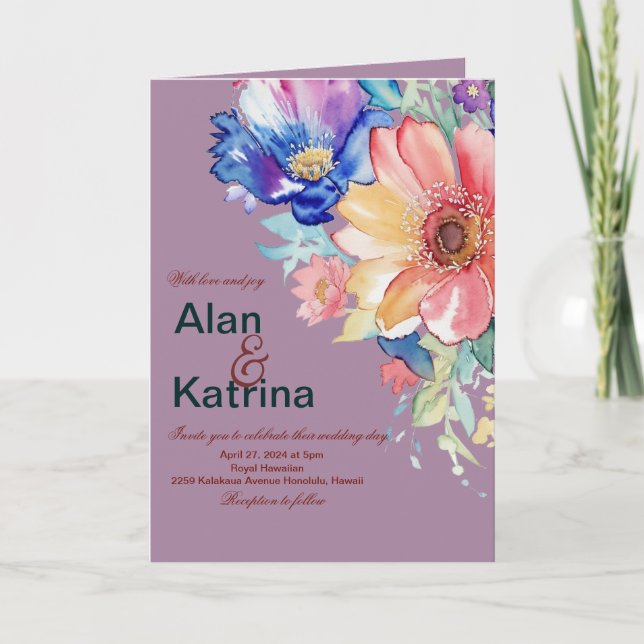 Bold Floral Magenta Wedding Folded Invitation (Front)