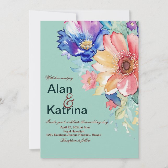 Bold Floral Mint Green Wedding  Invitation (Front)