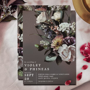 Bold Floral on Dark Charcoal Grey   Modern Wedding Invitation