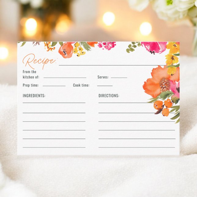 Bold floral orange Floral Bridal Shower Recipe  Enclosure Card (Bold floral orange Floral Bridal Shower Recipe Enclosure Card)