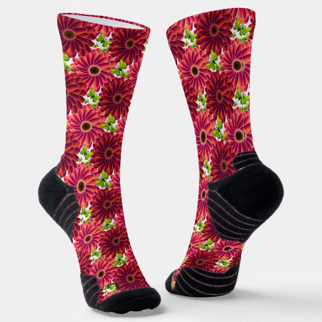 Bold Floral Pattern with Butterflies | Vibrant Red Socks (Angled)