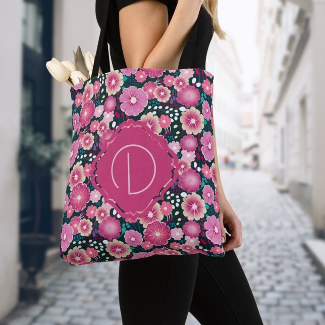 Bold floral patterns monogram pink girly Tote Bag (Add the first letter of your name on this bold flower pattern tote bag)