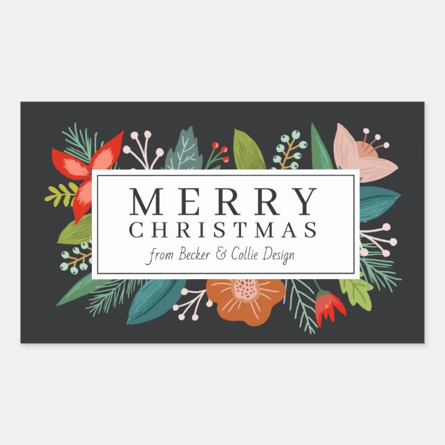 Bold Floral & Pine Personalised Holiday Rectangular Sticker (Front)