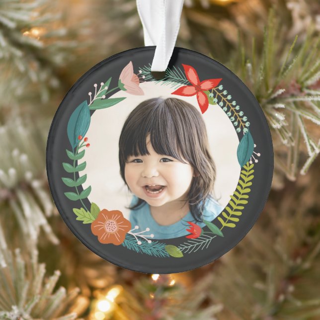 Bold Floral & Pine Personalised Photo Holiday Ornament (Tree)