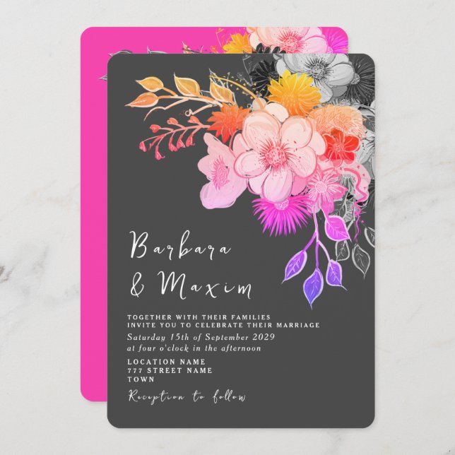 Bold Floral Pink & Black Wedding Invitation (Front/Back)