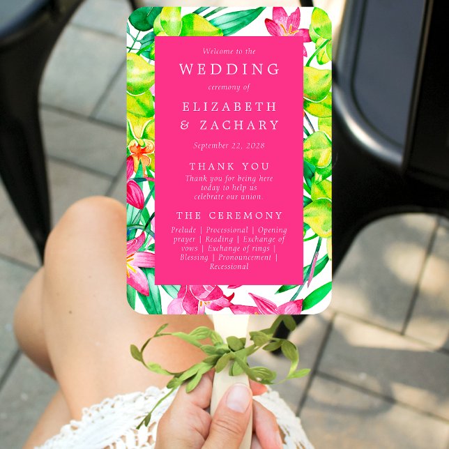 Bold Floral Pink Watercolor Wedding Program Hand Fan (Creator Uploaded)