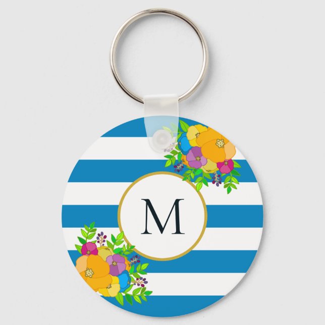 Bold Floral Tropical Blue White Striped Monogram Key Ring (Front)