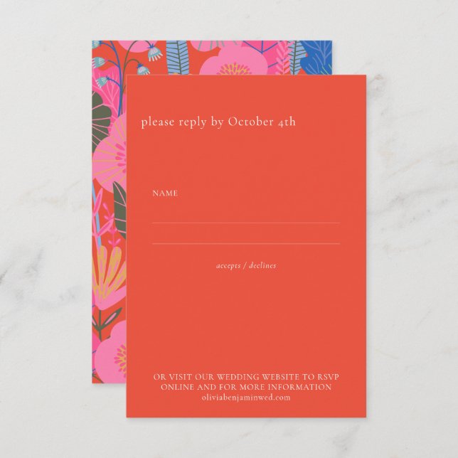 Bold Floral Vibrant Red Elegant Bohemian Wedding RSVP Card (Front/Back)