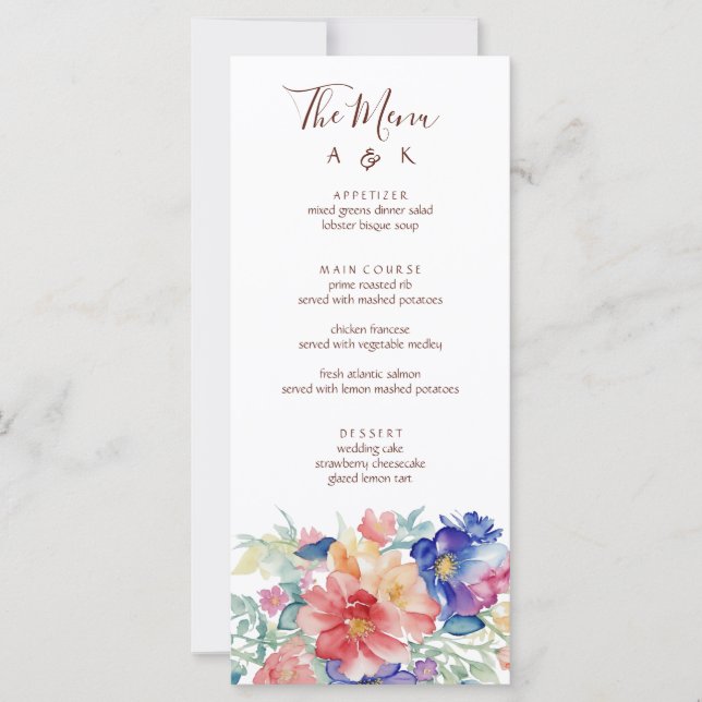 Bold Floral Watercolor Wedding Menu Card   (Front)