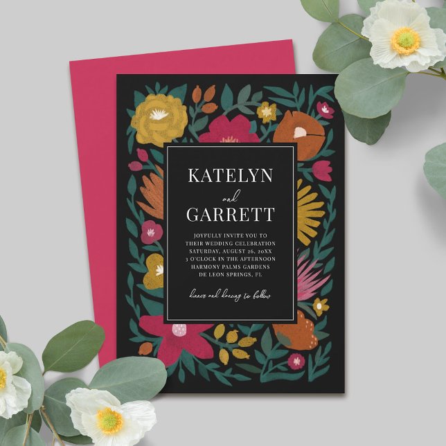 Bold Florals Magenta Orange Black Wedding  Invitation (Creator Uploaded)