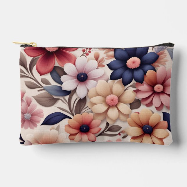 Bold flowers and leaves pattern pink accessory pouch (Front)