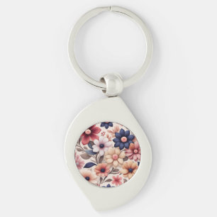 Bold flowers and leaves pattern pink key ring