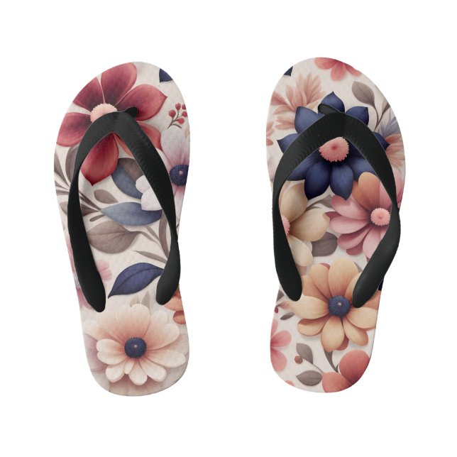 Bold flowers and leaves pattern pink kid's jandals (Footbed)