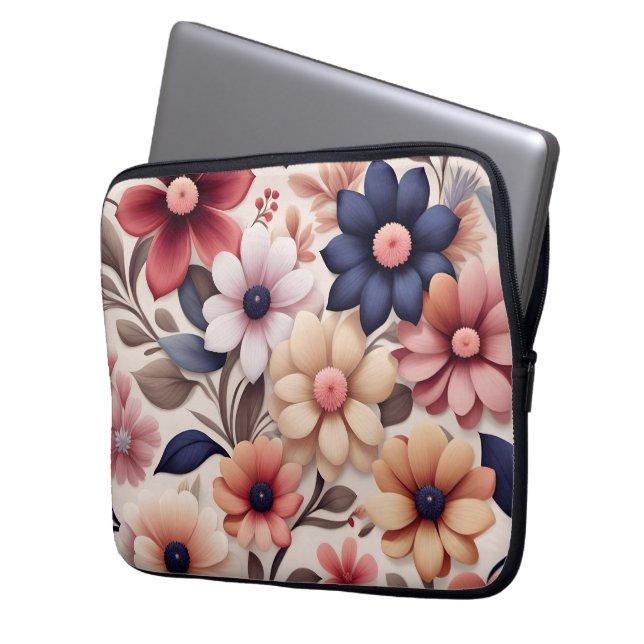 Bold flowers and leaves pattern pink laptop sleeve (Front Left)