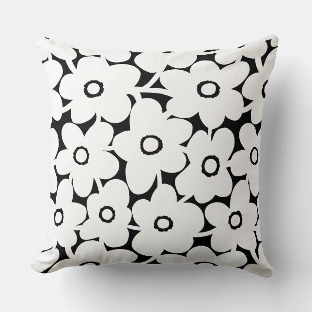 Bold Flowers - White on Black Cushion (Front)