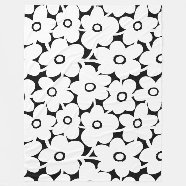 Bold Flowers - White on Black Fleece Blanket (Front)