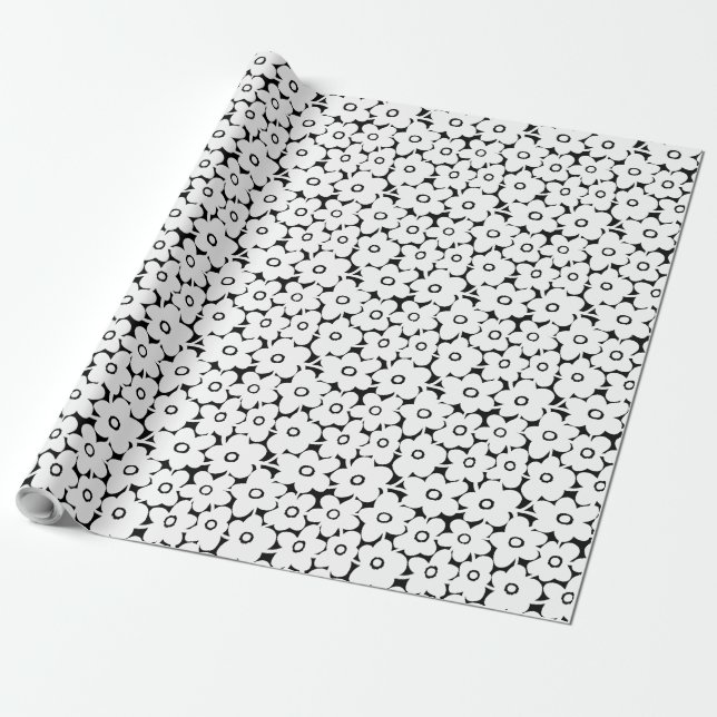 Bold Flowers - White on Black Wrapping Paper (Unrolled)