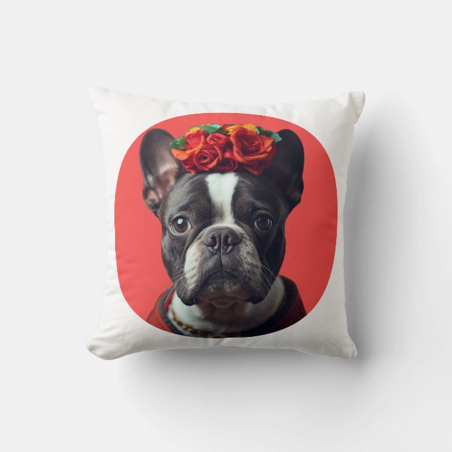 Bold Folk Art Self-Portrait Pug Cushion (Front)