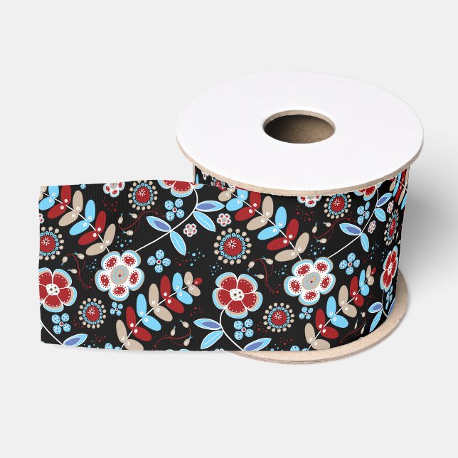 Bold Folk Floral Pattern Grosgrain Ribbon (Spool)