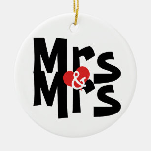 Bold Font Lesbian Wedding Mrs and Mrs Personalised Ceramic Tree Decoration