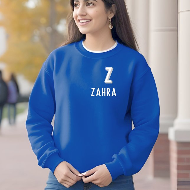 Bold  fonts - whhite& blue personalised sweatshirt (Creator Uploaded)