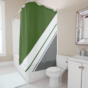 Bold Forest Green Grey White Slant Racing Stripes Shower Curtain