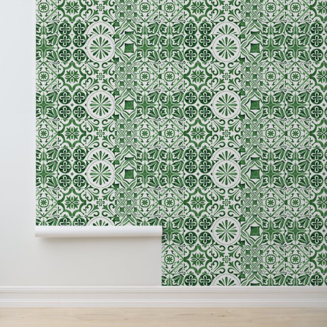 Bold + Fun Green Mediterranean Tile Wallpaper (Application)