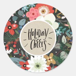 Bold Funky Floral Dark Chic Modern HOLIDAY CHEERS Classic Round Sticker