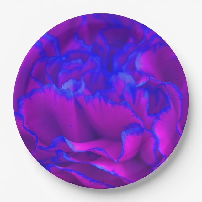 Bold Fuschia Pink and Blue Carnation Flower Paper Plate (Front)