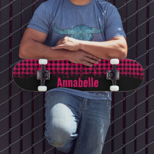 Bold Fushion Fuchsia Pink and Black Chequered Skateboard