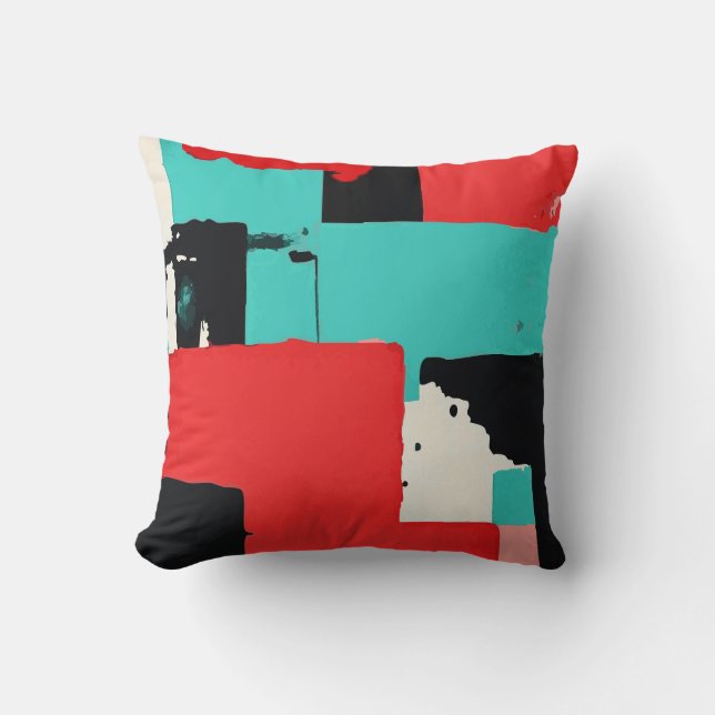 Bold Geometric Abstract Red, Black, Teal and White Cushion (Front)